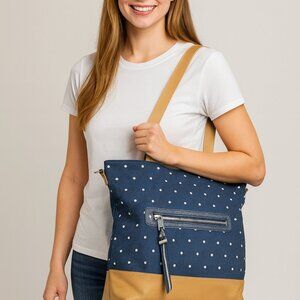 A New Day Navy Polka Dot Tote Bag Tan Faux Leather Zip Shoulder Bag